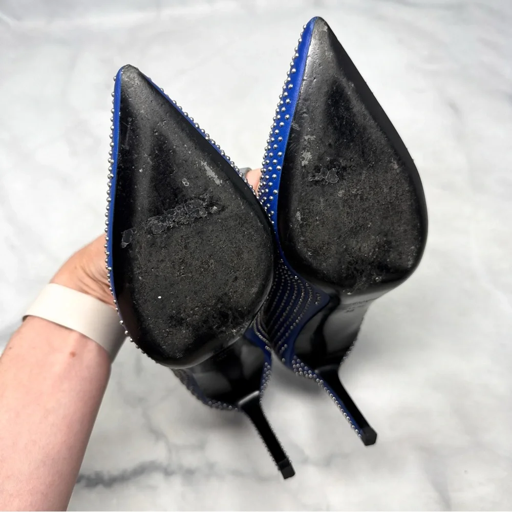 Saint Laurent Paris 80 Studded Leather Pointed Toe Stiletto Heel Pumps Blue 38 - Picture 9 of 14